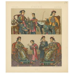 Pl. 54 Antique Print of Chinese Costumes by Racinet, 'circa 1880'