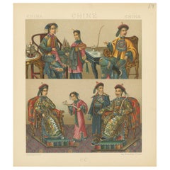 Pl. 54 Grabado antiguo de trajes chinos de Racinet, "circa 1880