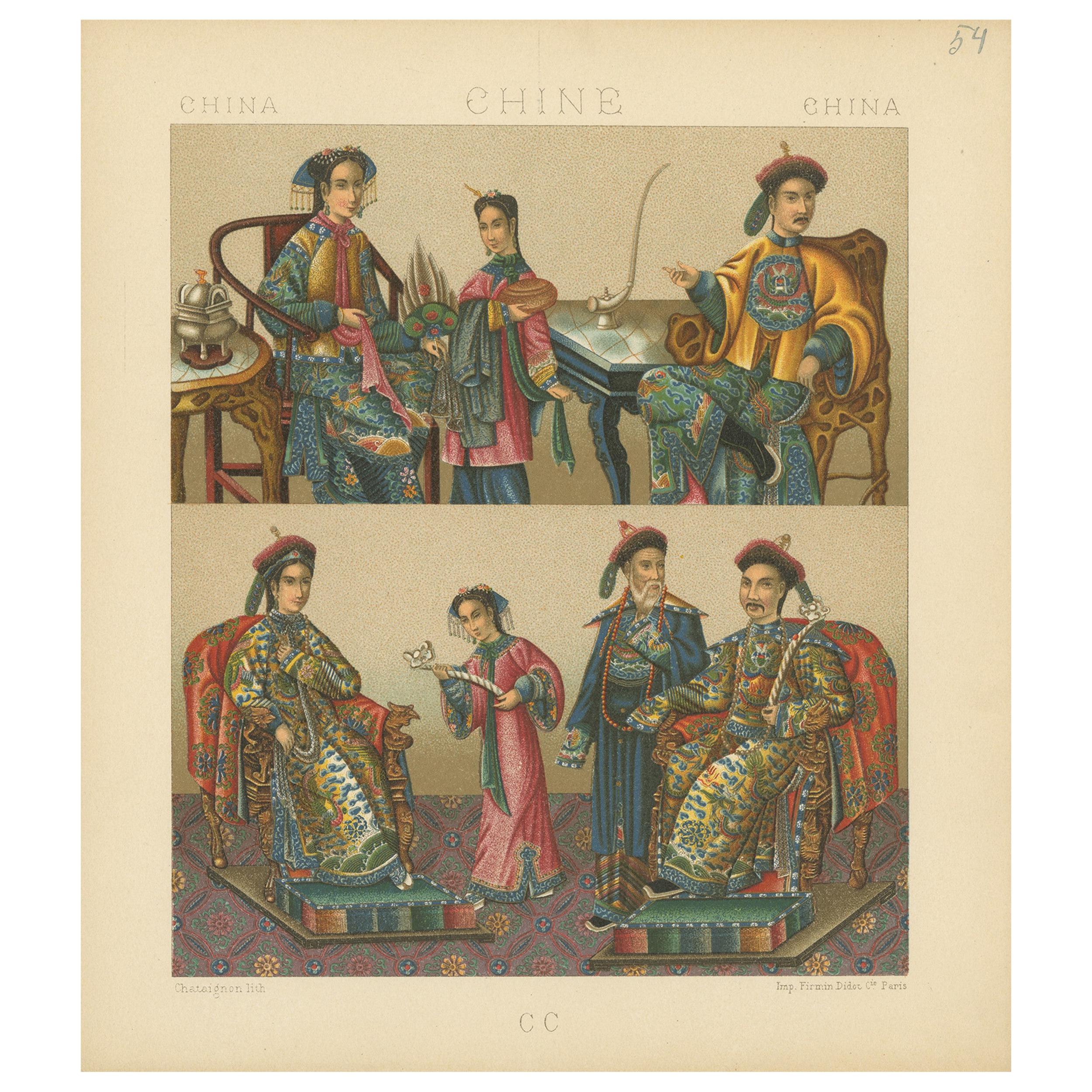 Pl. 54 Antique Print of Chinese Costumes by Racinet, 'circa 1880'