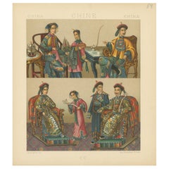 Pl. 54 Antique Print of Chinese Costumes by Racinet, 'circa 1880'