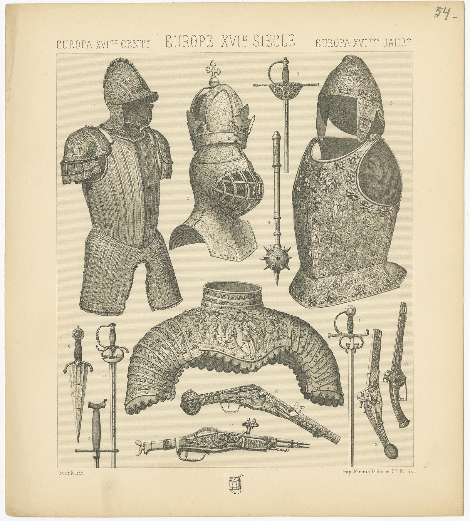 Antique print titled 'Europa XVIth Cent - Europe XVIe, Siecle - Europa XVItes Jahr'. Chromolithograph of European 16th century armaments. This print originates from 'Le Costume Historique' by M.A. Racinet. Published circa 1880.