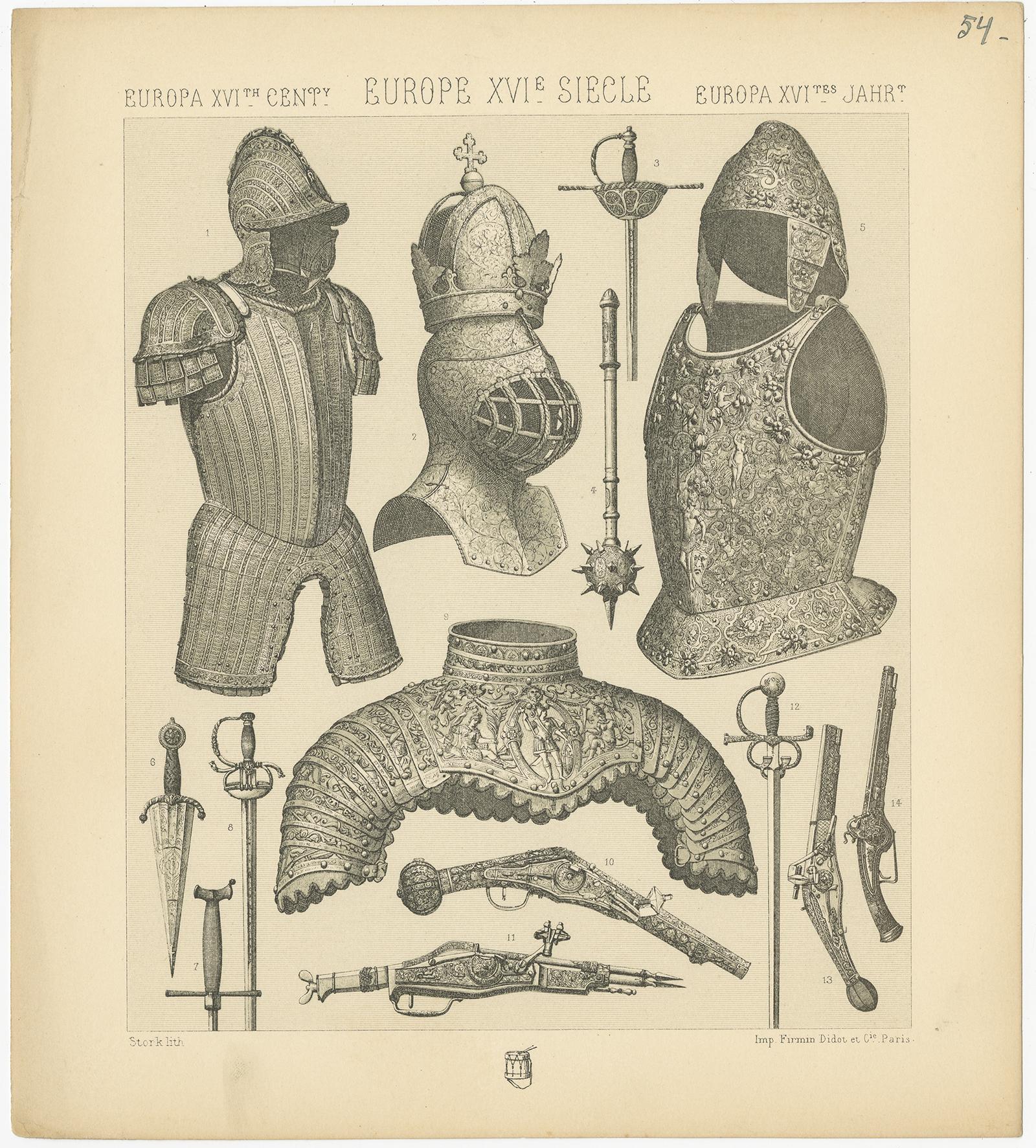 XIX secolo Pl. 54 Stampa antica di armi europee del XVI secolo di Racinet, 1880 circa. 54 Stampa antica di armi europee del XVI secolo di Racinet, 1880 circa in vendita