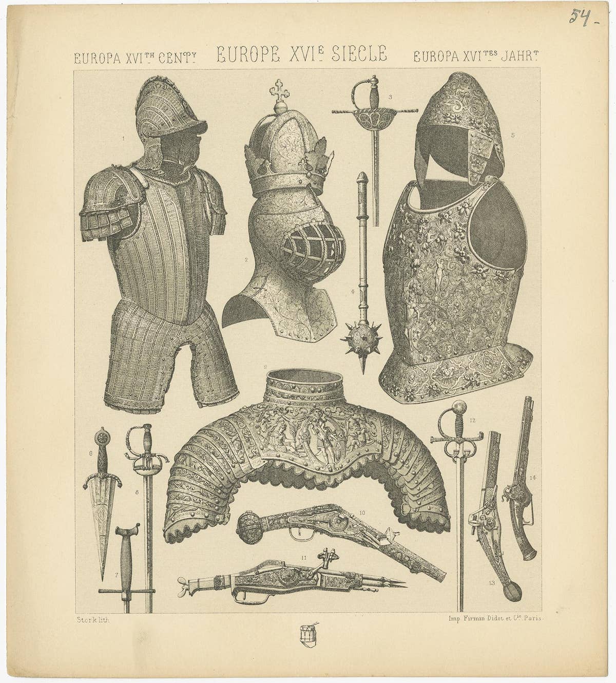 Pl. 54 Antique Print of European 16th Century Armaments by Racinet, circa 1880