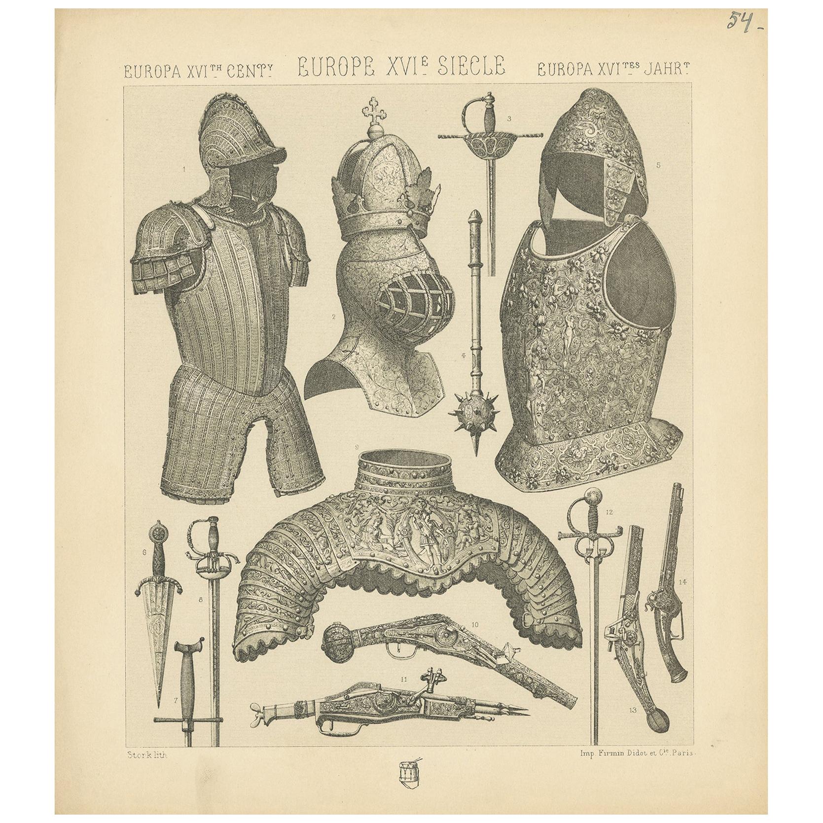 Pl. 54 Antique Print of European 16th Century Armaments by Racinet, circa 1880 For Sale