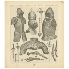 Pl. 54 Antiker Druck europäischer Waffen des 16. Jahrhunderts von Racinet, um 1880