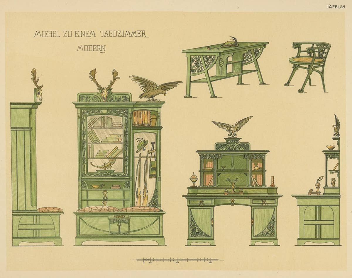 Pl 54 Antique Print of Hunting Room Furniture by Kramer, 'circa 1910'