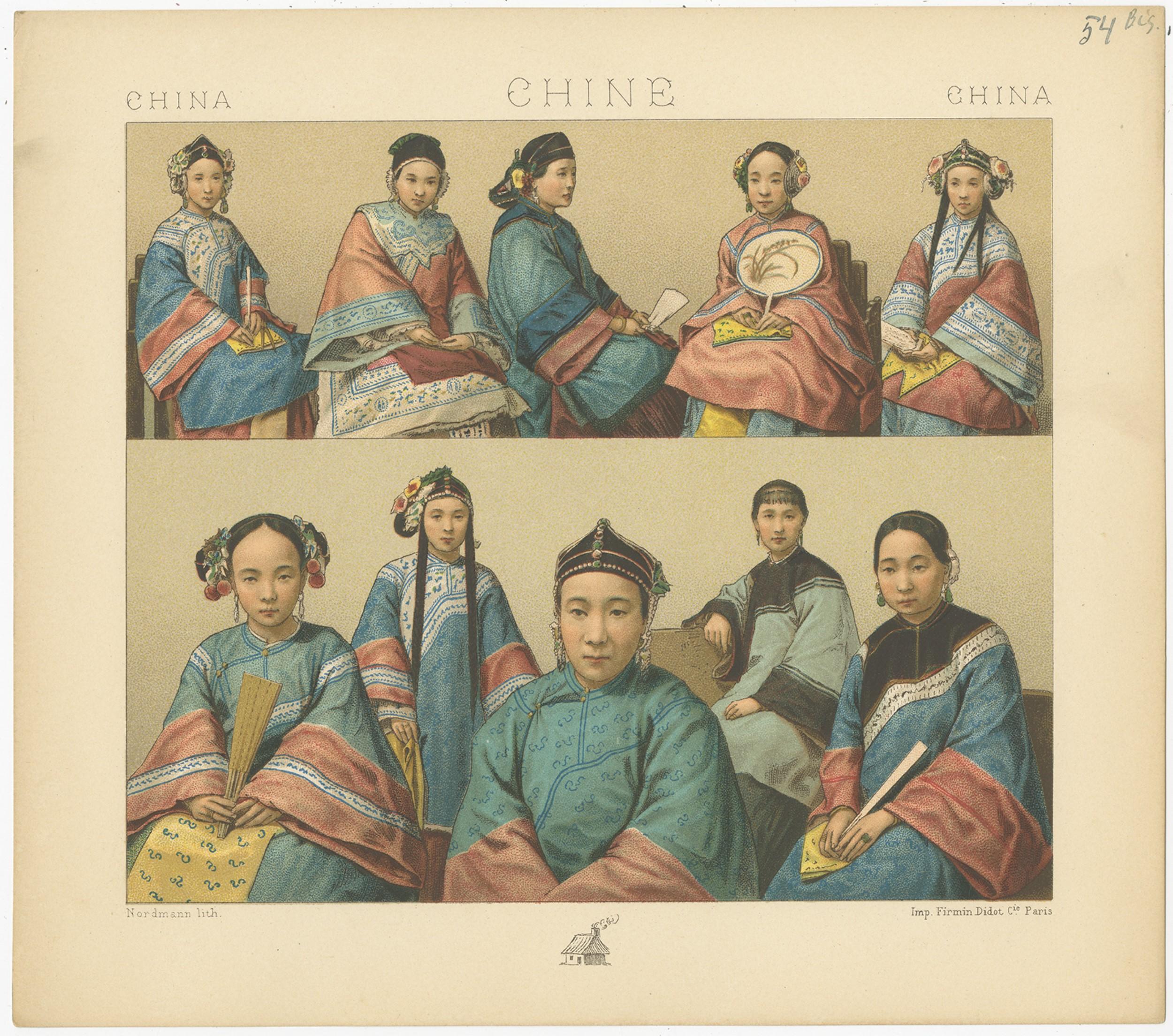 Antique print titled 'China - Chine - China'. Chromolithograph of Chinese costumes. This print originates from 'Le Costume Historique' by M.A. Racinet. Published, circa 1880.