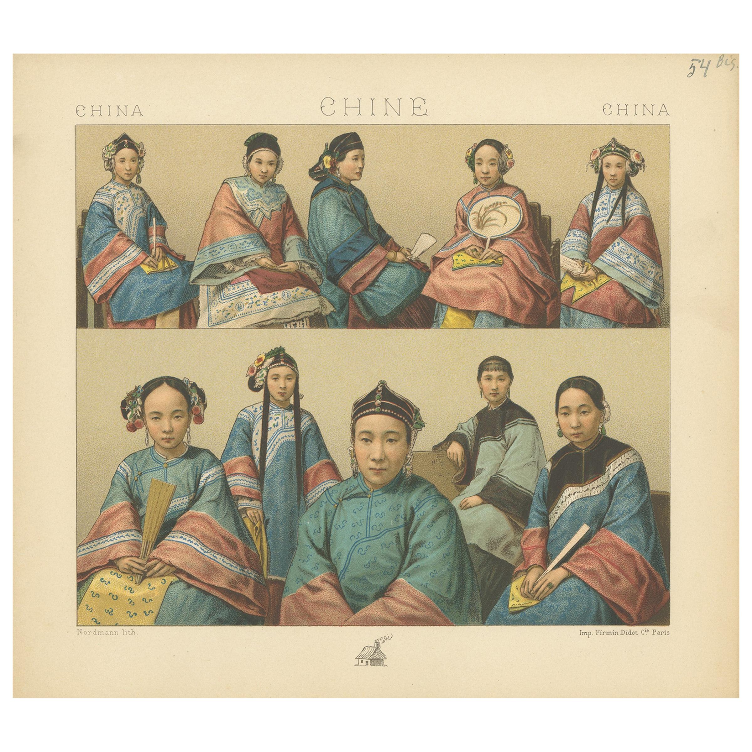 Pl. 54B Antique Print of Chinese Costumes by Racinet, 'circa 1880' For Sale