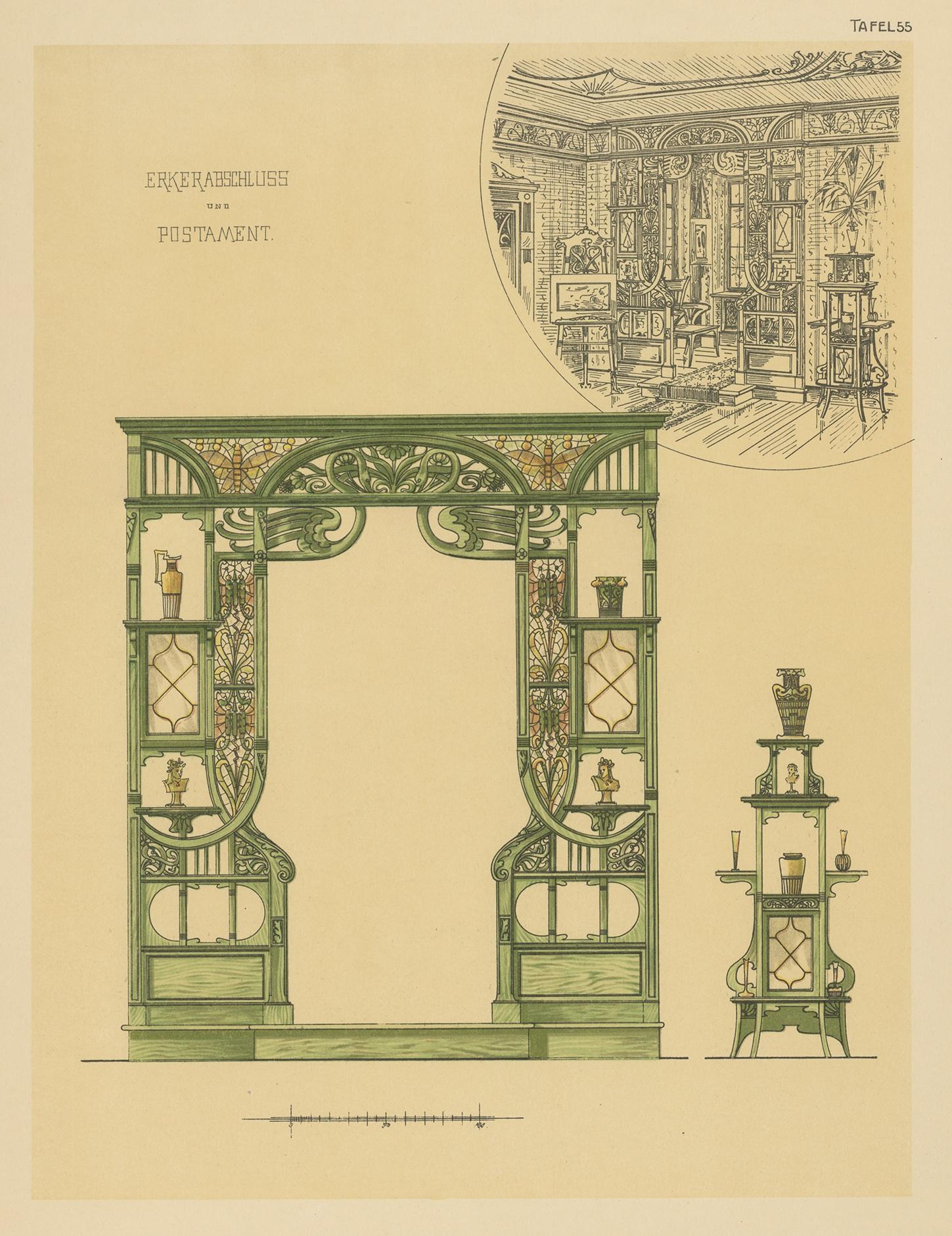 Pl. 55 Antique Print of a Bay Window by Kramer, circa 1910 In Good Condition For Sale In Langweer, NL