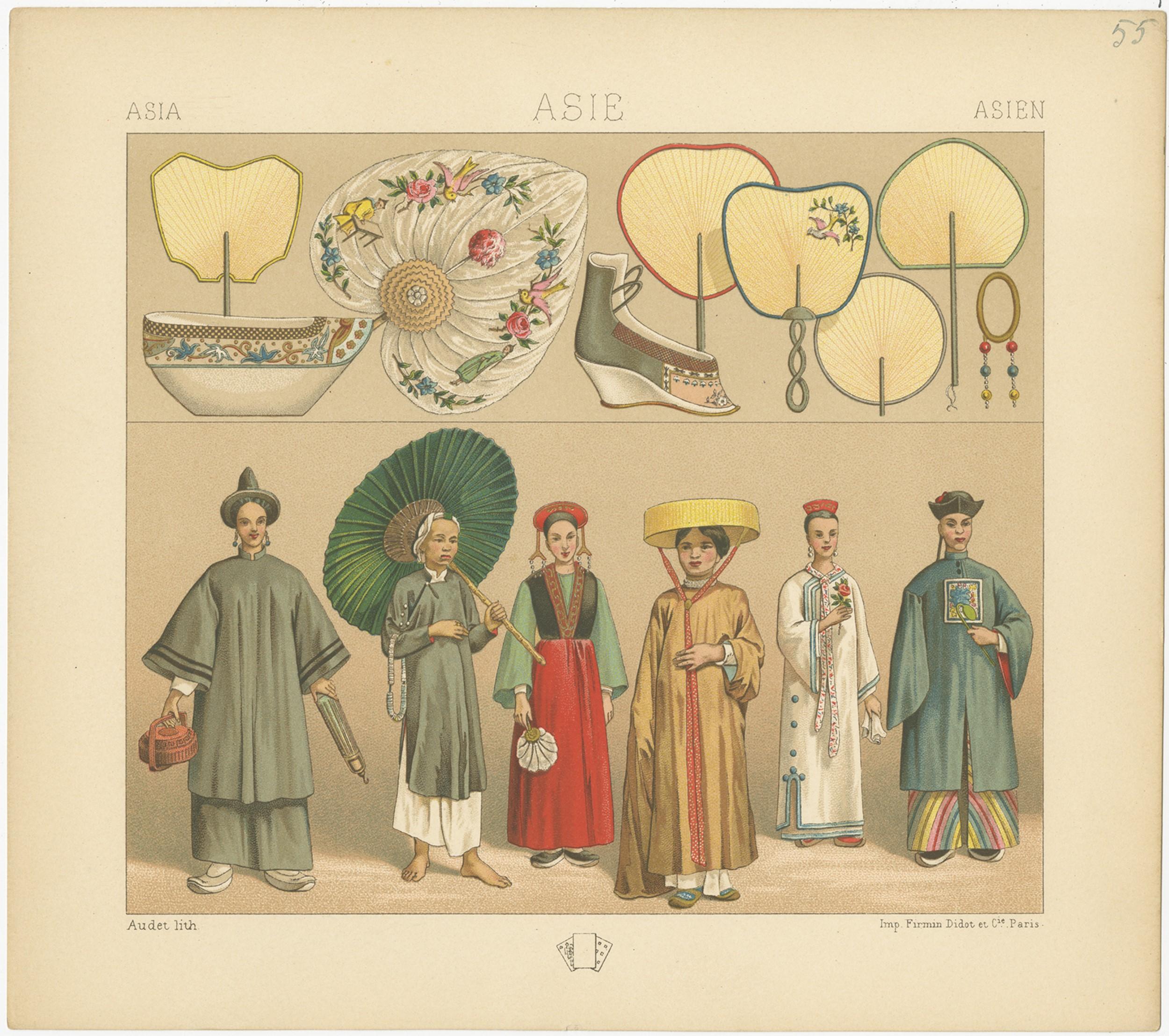 Antique print titled 'Asia - Asie - Asien'. Chromolithograph of Asian costumes. This print originates from 'Le Costume Historique' by M.A. Racinet. Published, circa 1880.