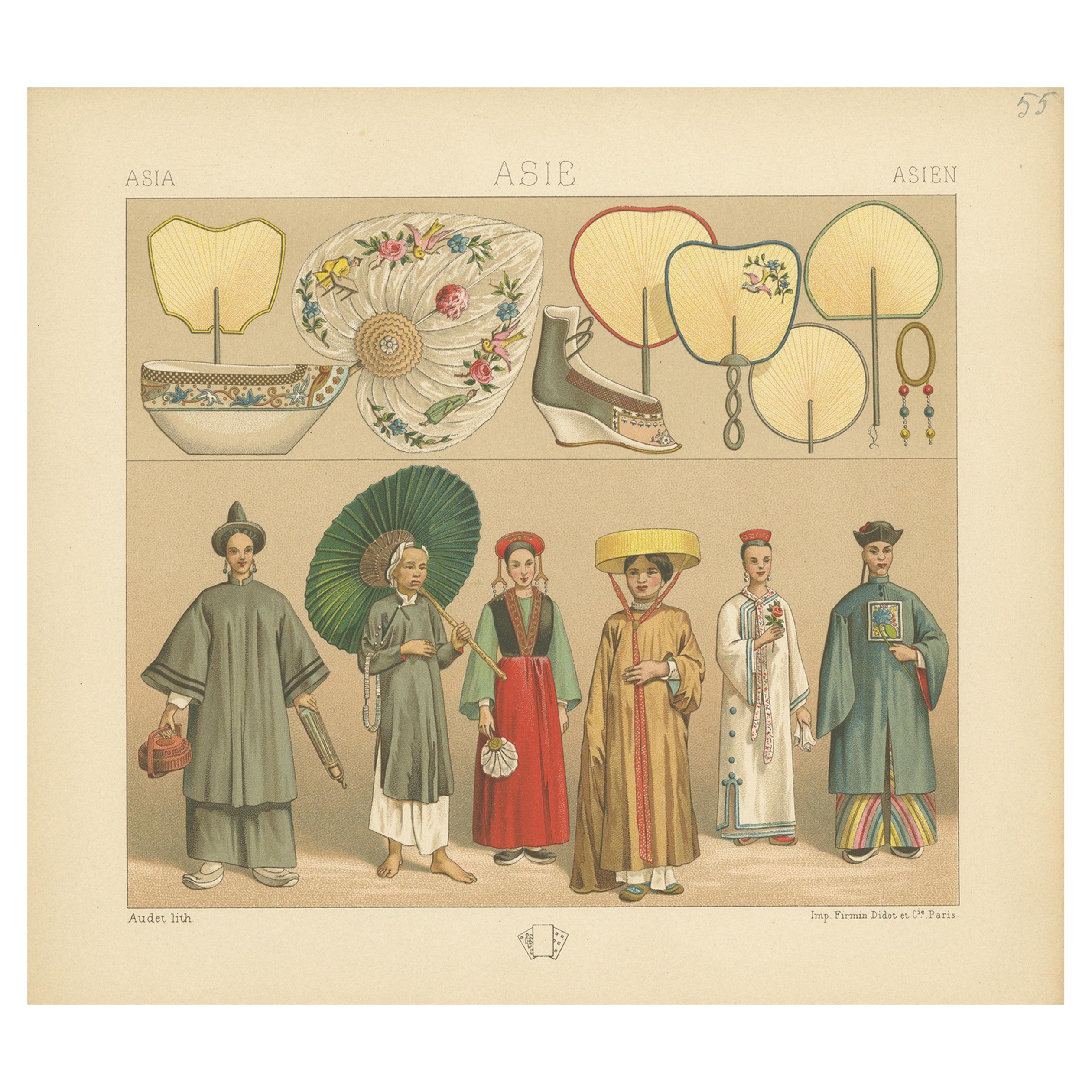 Pl. 55 Antique Print of Asian Costumes by Racinet, 'circa 1880' For Sale