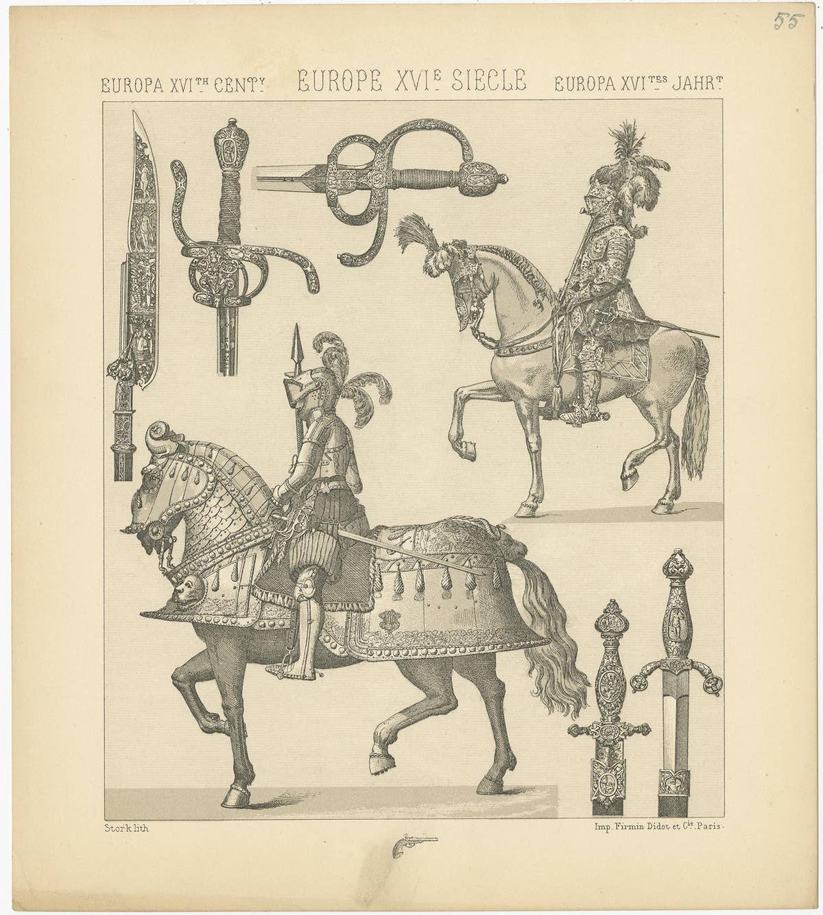 Pl. 55 Antique Print of European 16th Century Armaments by Racinet, circa 1880