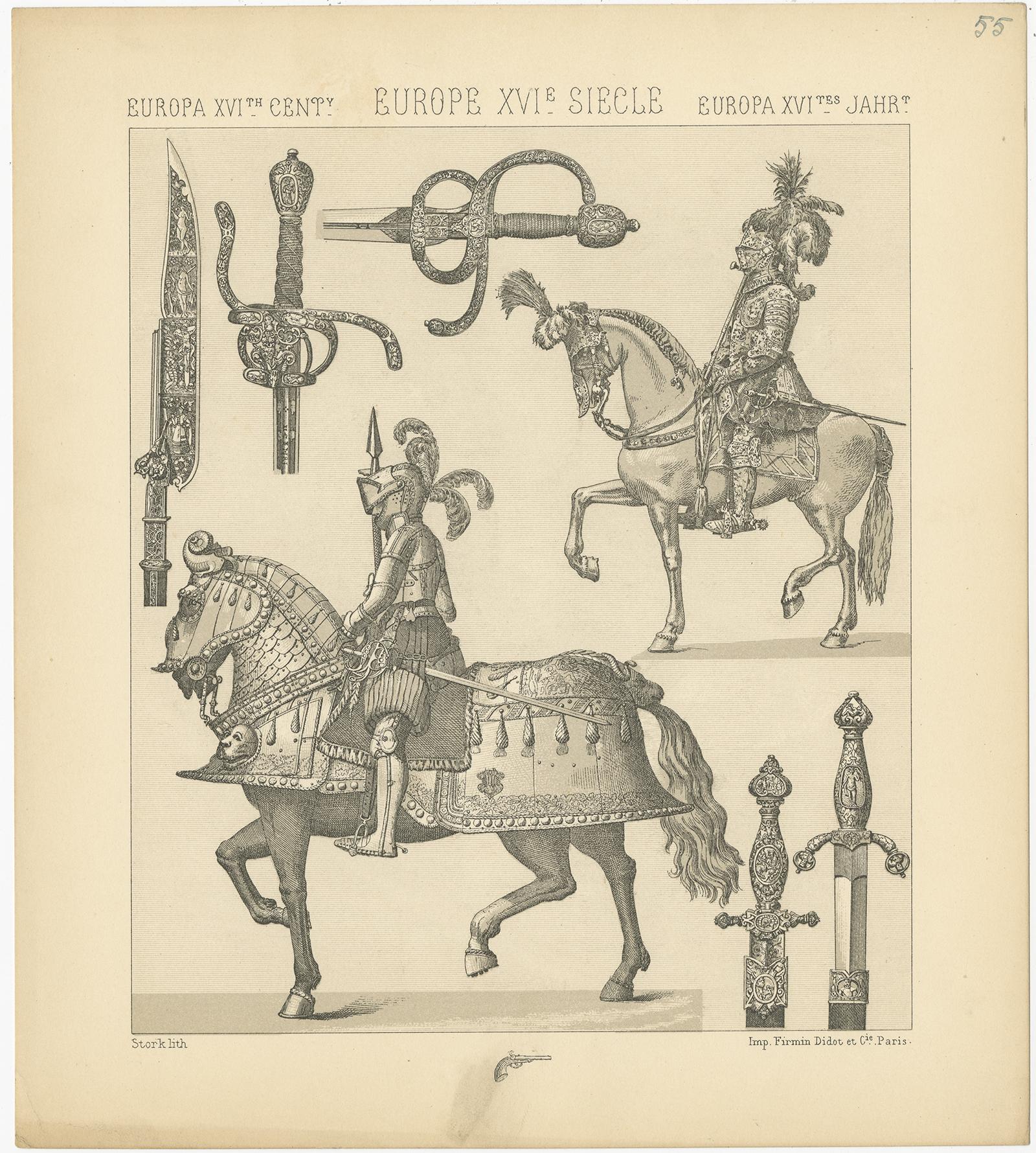 Pl. 55 Antique Print of European 16th Century Armaments by Racinet, circa 1880 In Good Condition For Sale In Langweer, NL