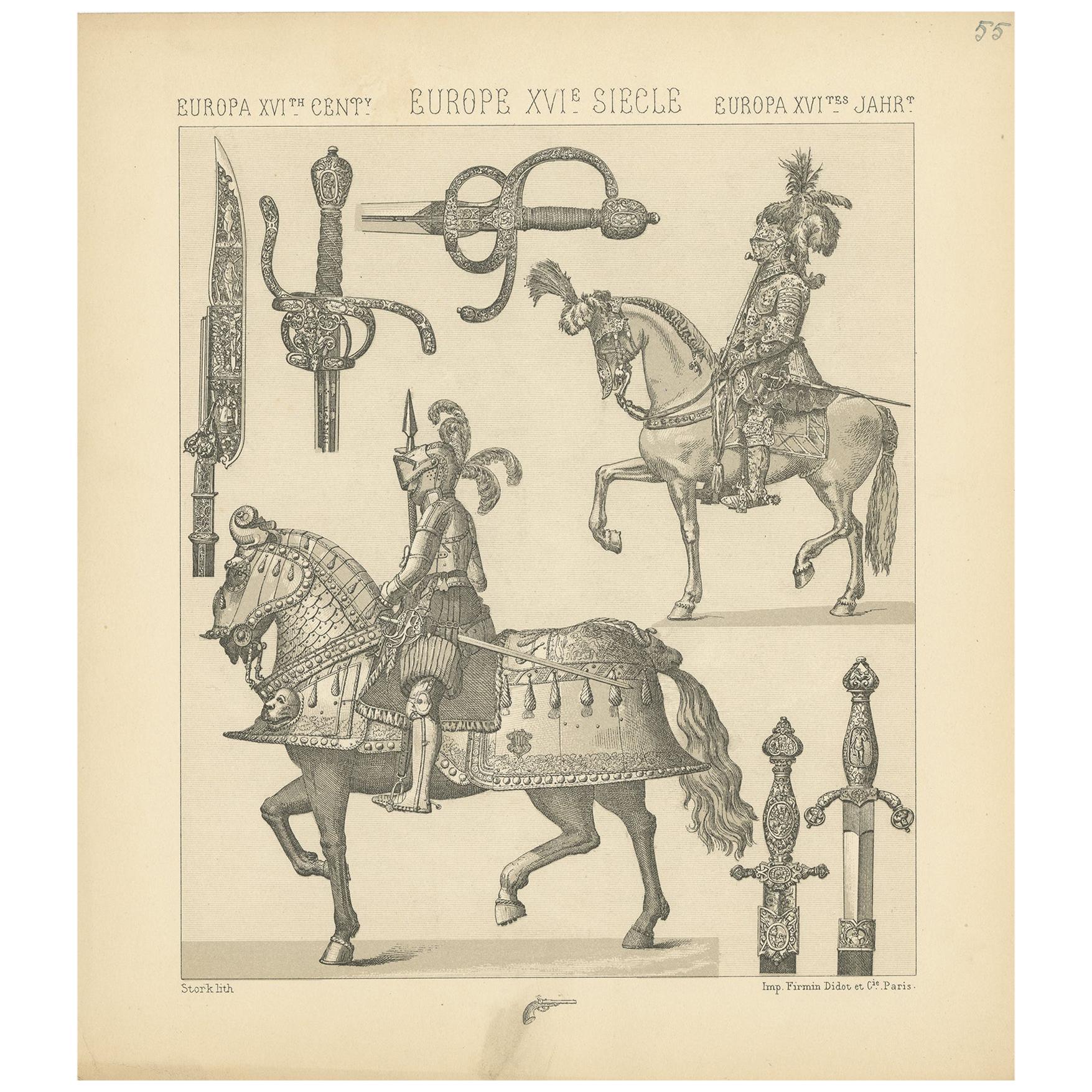 Pl. 55 Antique Print of European 16th Century Armaments by Racinet, circa 1880 For Sale