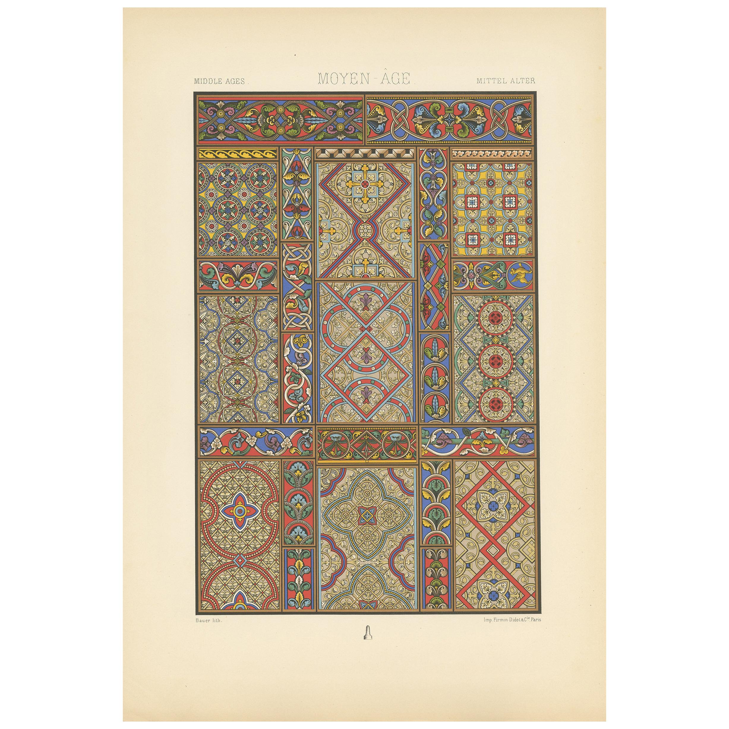 Pl. 55 Antique Print of Middle Ages Stained Glass Cathedrals, Racinet circa 1890 For Sale
