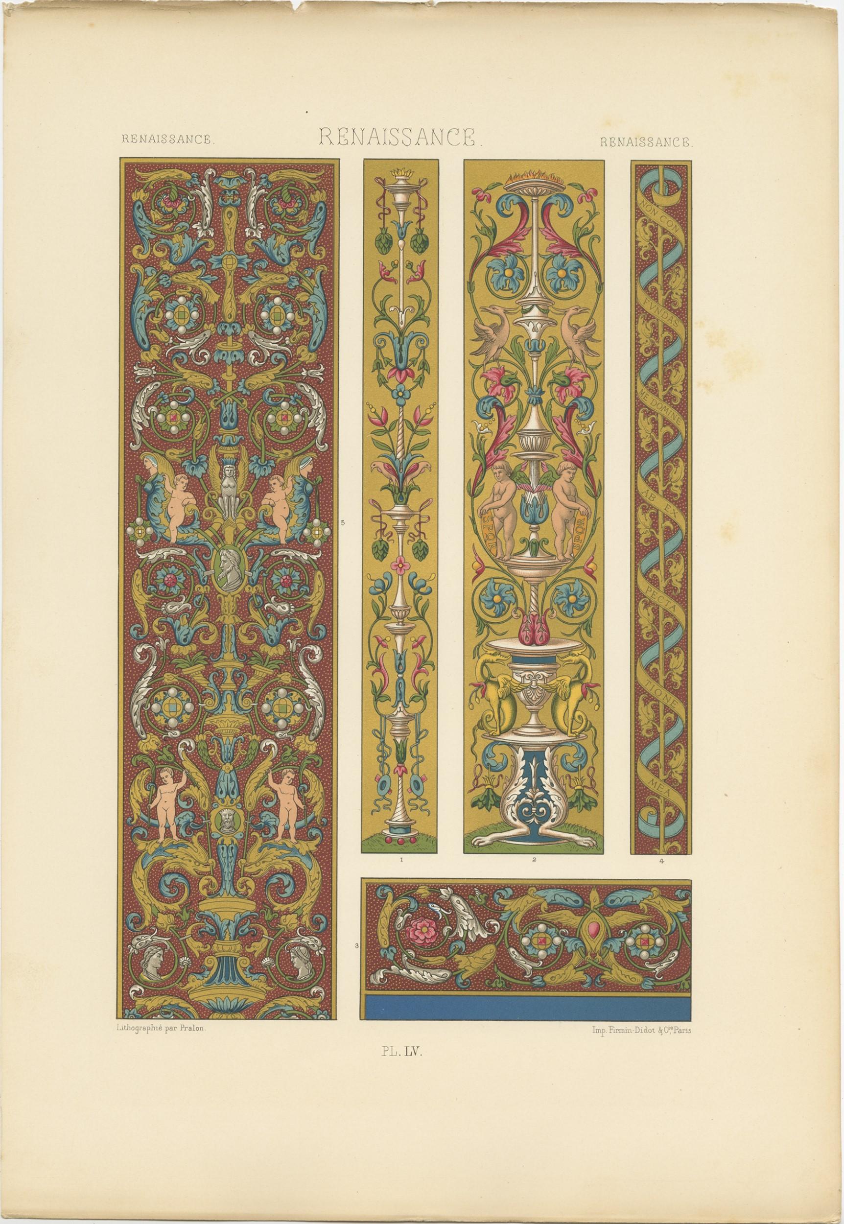 19th Century Pl. 55 Antique Print of Renaissance Ornaments by Racinet, circa 1890 For Sale