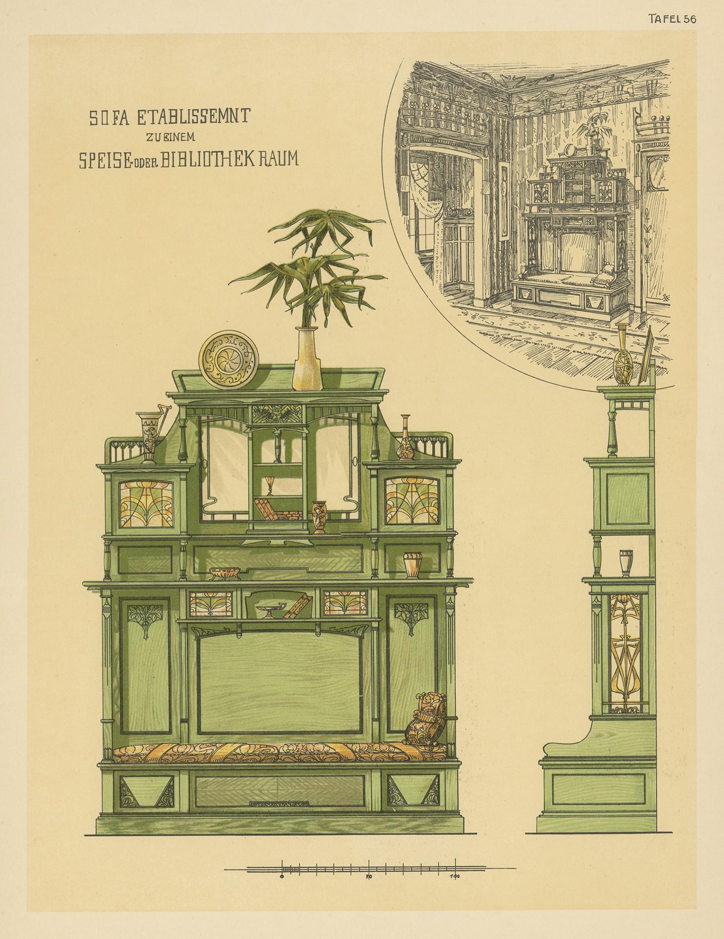 Impression ancienne d'un canapé et d'un meuble par Kramer, Pl 56, vers 1910 Bon état - En vente à Langweer, NL