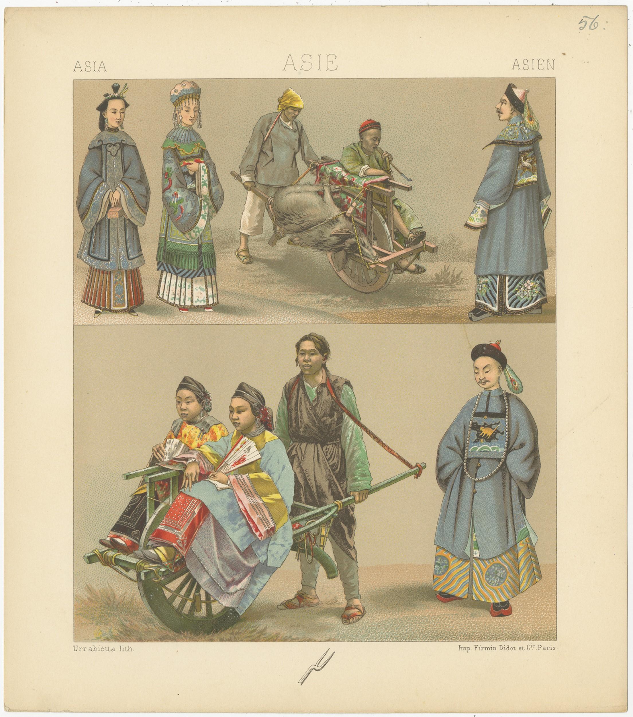 Antique print titled 'Asia - Asie - Asien'. Chromolithograph of Asian costumes. This print originates from 'Le Costume Historique' by M.A. Racinet. Published, circa 1880.