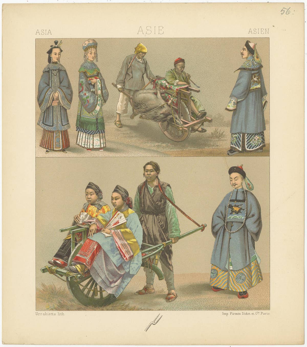 Pl. 56 Antique Print of Asian Costumes by Racinet, 'circa 1880'