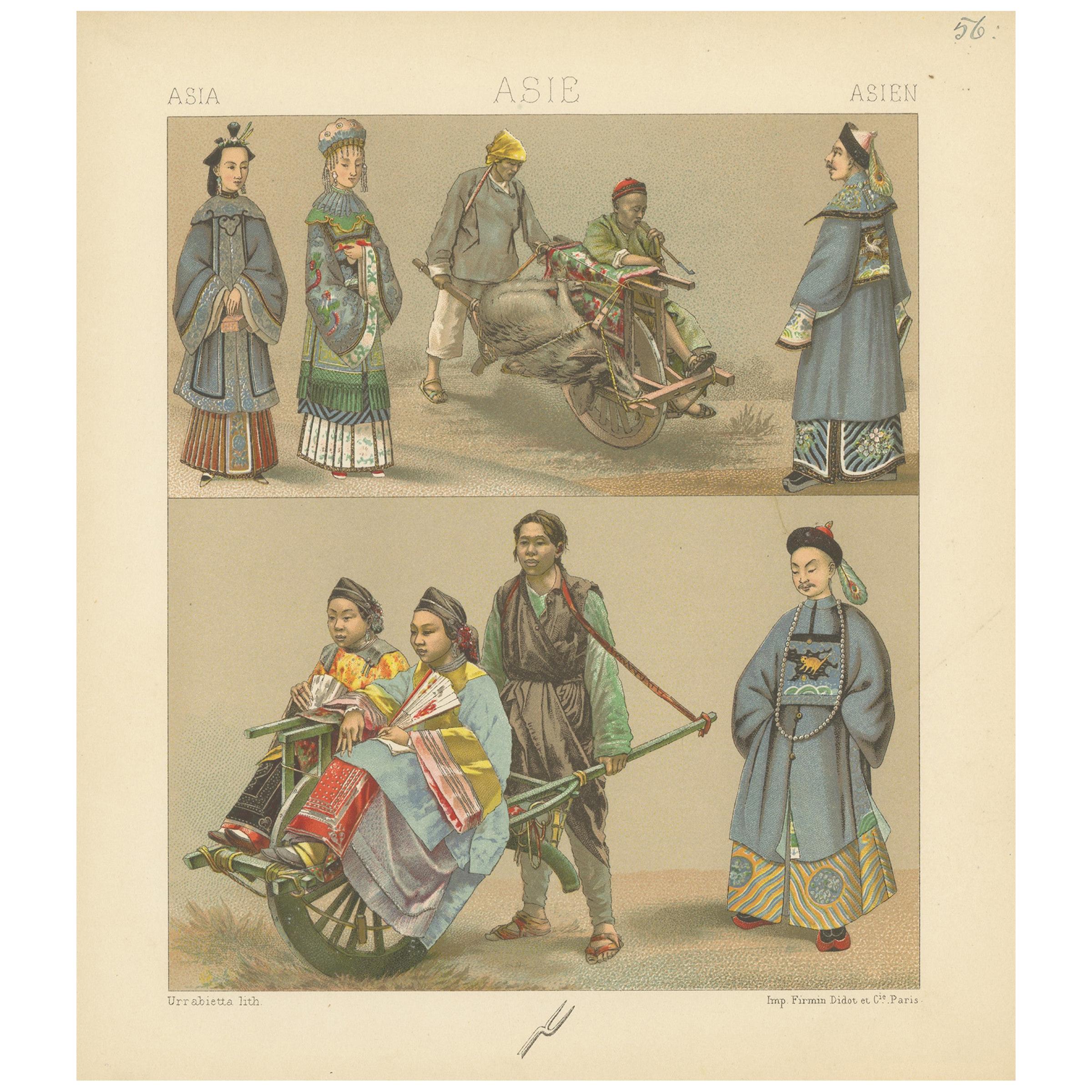 Pl. 56 Antique Print of Asian Costumes by Racinet, 'circa 1880'