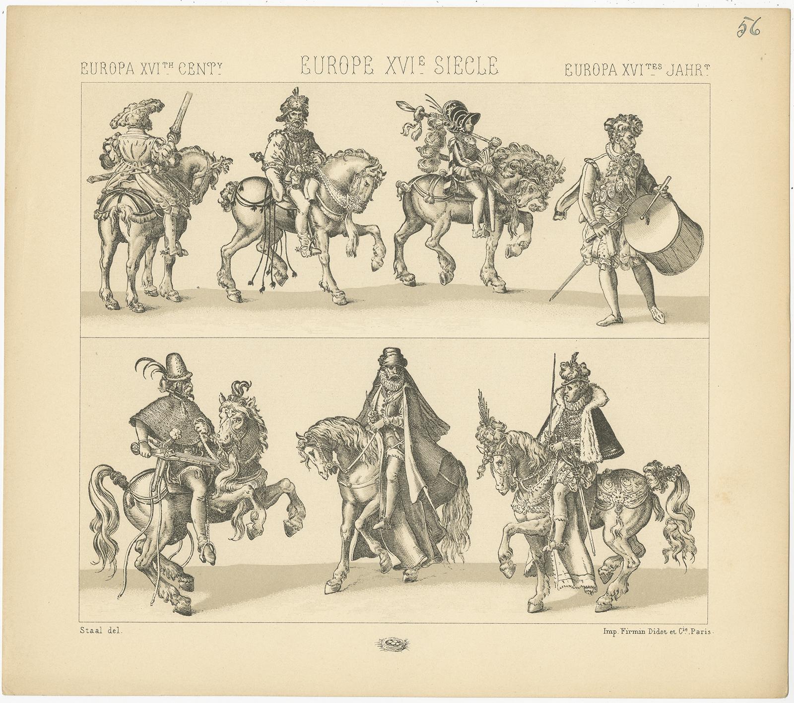 Antique print titled 'Europa XVIth Cent - Europe XVIe, Siecle - Europa XVItes Jahr'. Chromolithograph of European 16th century battle costumes. This print originates from 'Le Costume Historique' by M.A. Racinet. Published, circa 1880.