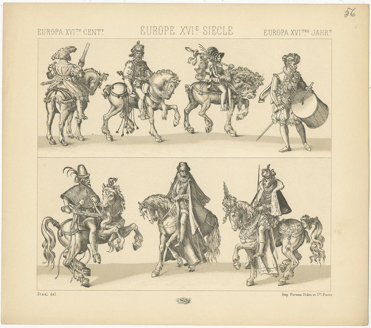 Pl 56 Antique Print of European 16th Century Battle Costumes by Racinet