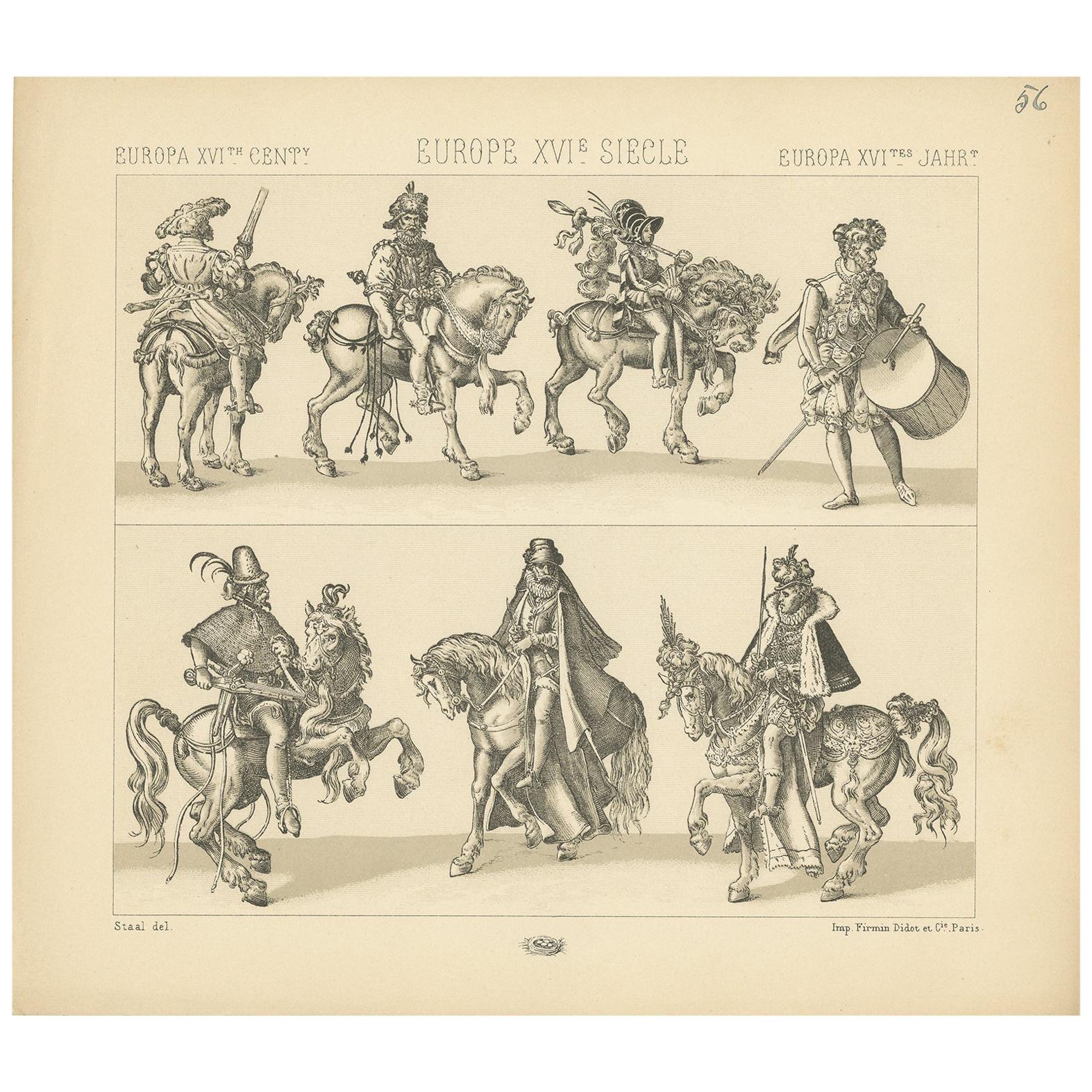 Impression ancienne de costumes de bataille européennes du XVIe siècle Pl 56 par Racinet