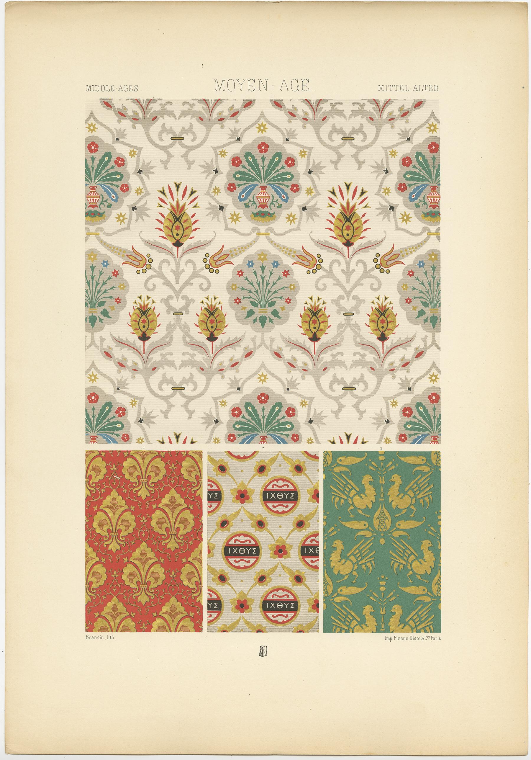 Antique print titled 'Middle Ages - Moyen Age - Mittel Alter'. Chromolithograph of Brocatelles of near Eastern style depicted in Italian paintings
ornaments. This print originates from 'l'Ornement Polychrome' by Auguste Racinet. Published circa