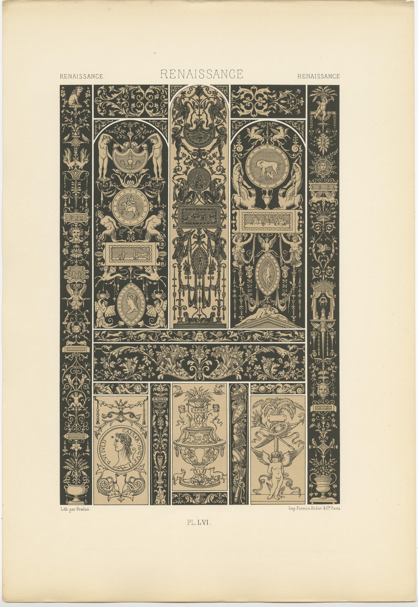 Antique print titled 'Renaissance - Renaissance - Renaissance'. Chromolithograph of Renaissance ornaments and decorative arts. This print originates from 'l'Ornement Polychrome' by Auguste Racinet. Published circa 1890.