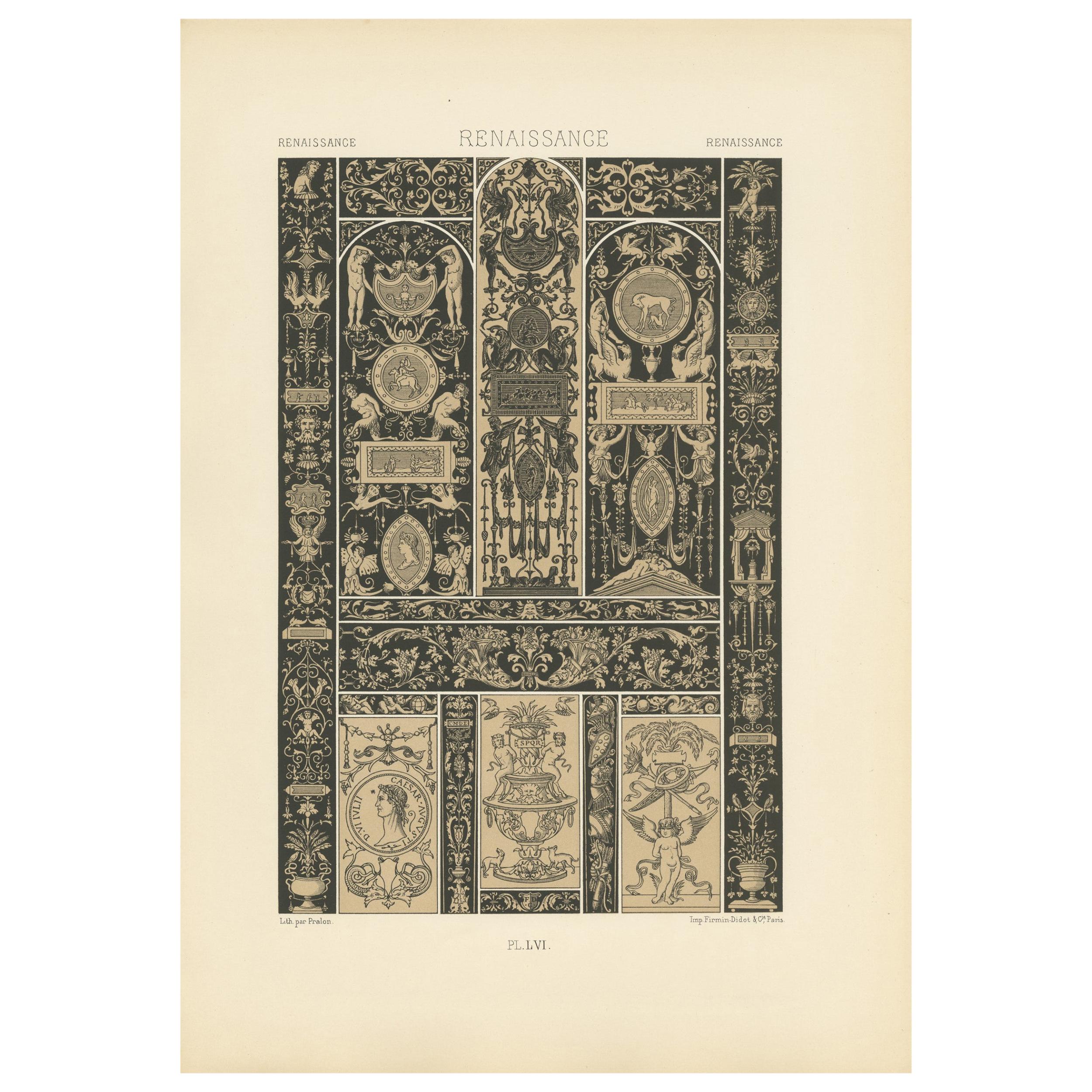 Pl. 56 Stampa antica di ornamenti rinascimentali di Racinet del 1890 circa 56 Stampa antica di ornamenti rinascimentali di Racinet, 1890 circa in vendita