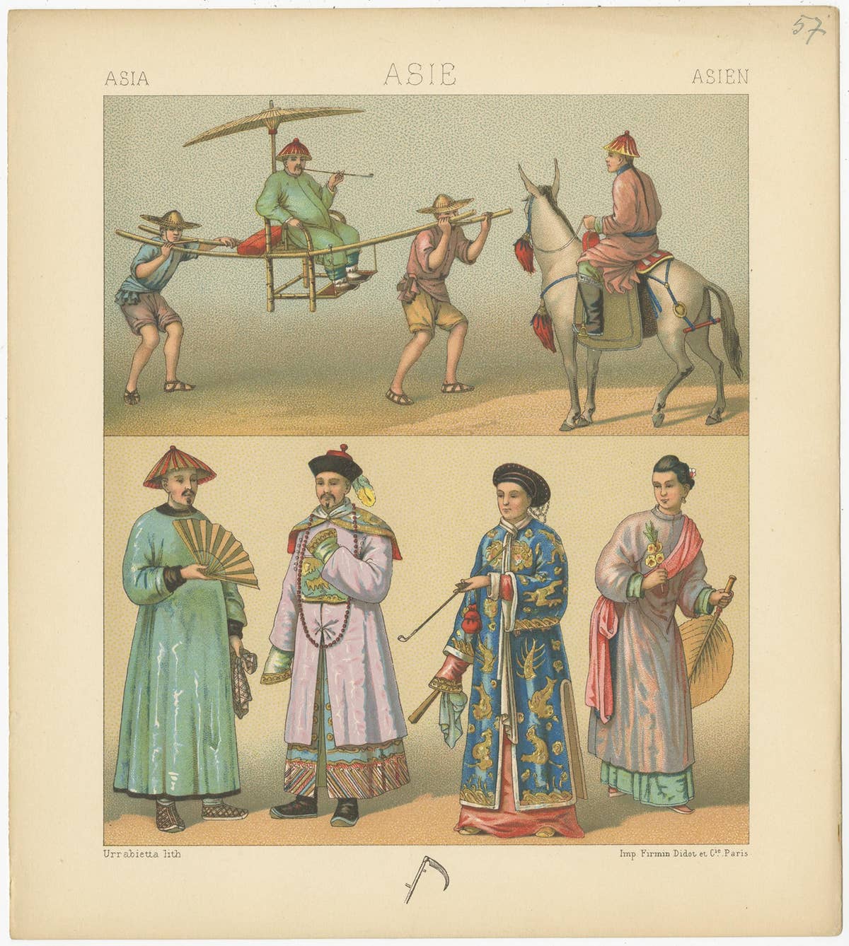 Pl. 57 Antique Print of Asian Costumes by Racinet, 'circa 1880'