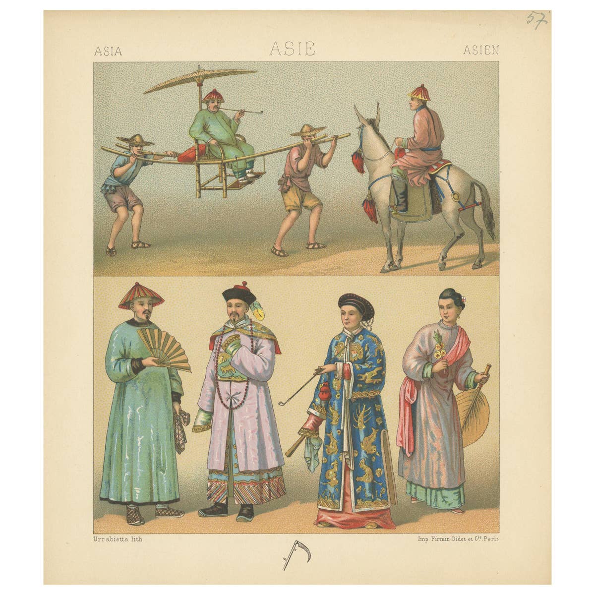 Pl. 57 Antique Print of Asian Costumes by Racinet, 'circa 1880'