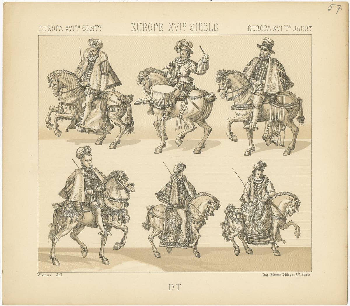 Pl. 57 Antique Print of European 16th Century Battle Costumes by Racinet