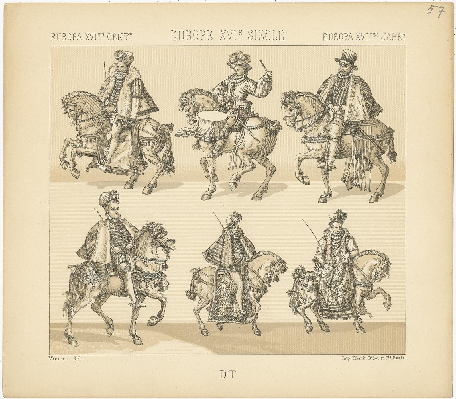 XIXe siècle Impression ancienne de costumes de bataille européennes du 16e siècle Pl. 57 par Racinet en vente