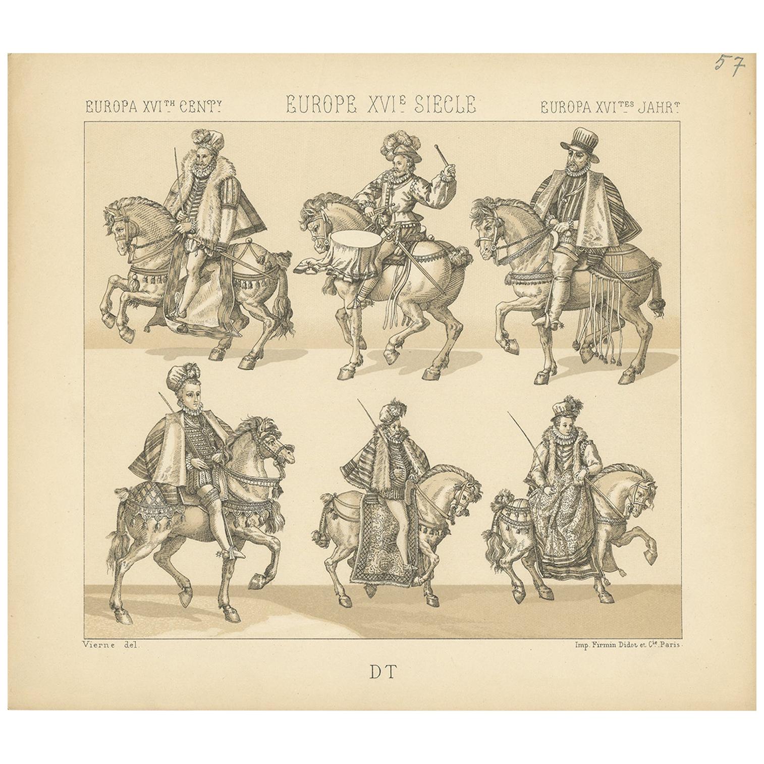 Pl. 57 Antique Print of European 16th Century Battle Costumes by Racinet For Sale