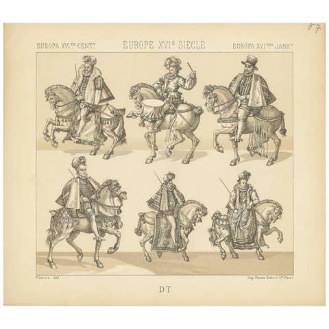 Pl. 57 Antique Print of European 16th Century Battle Costumes by Racinet