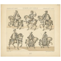 Pl. 57 Antique Print of European 16th Century Battle Costumes by Racinet