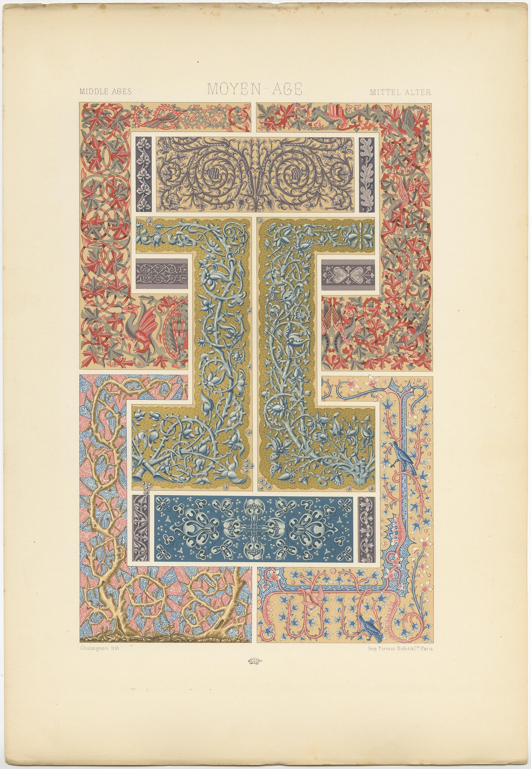 Impression ancienne Pl. 57 de motifs de plantes du Moyen Âge par Racinet, datant d'environ 1890 Bon état - En vente à Langweer, NL