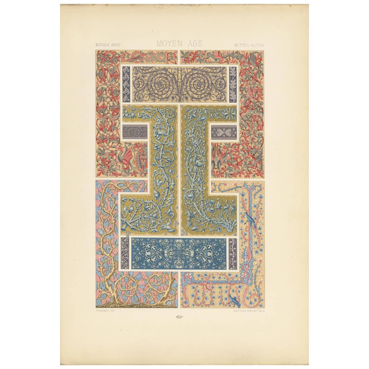 Pl. 57 Antique Print of Middle Ages Plant Motifs by Racinet, circa 1890