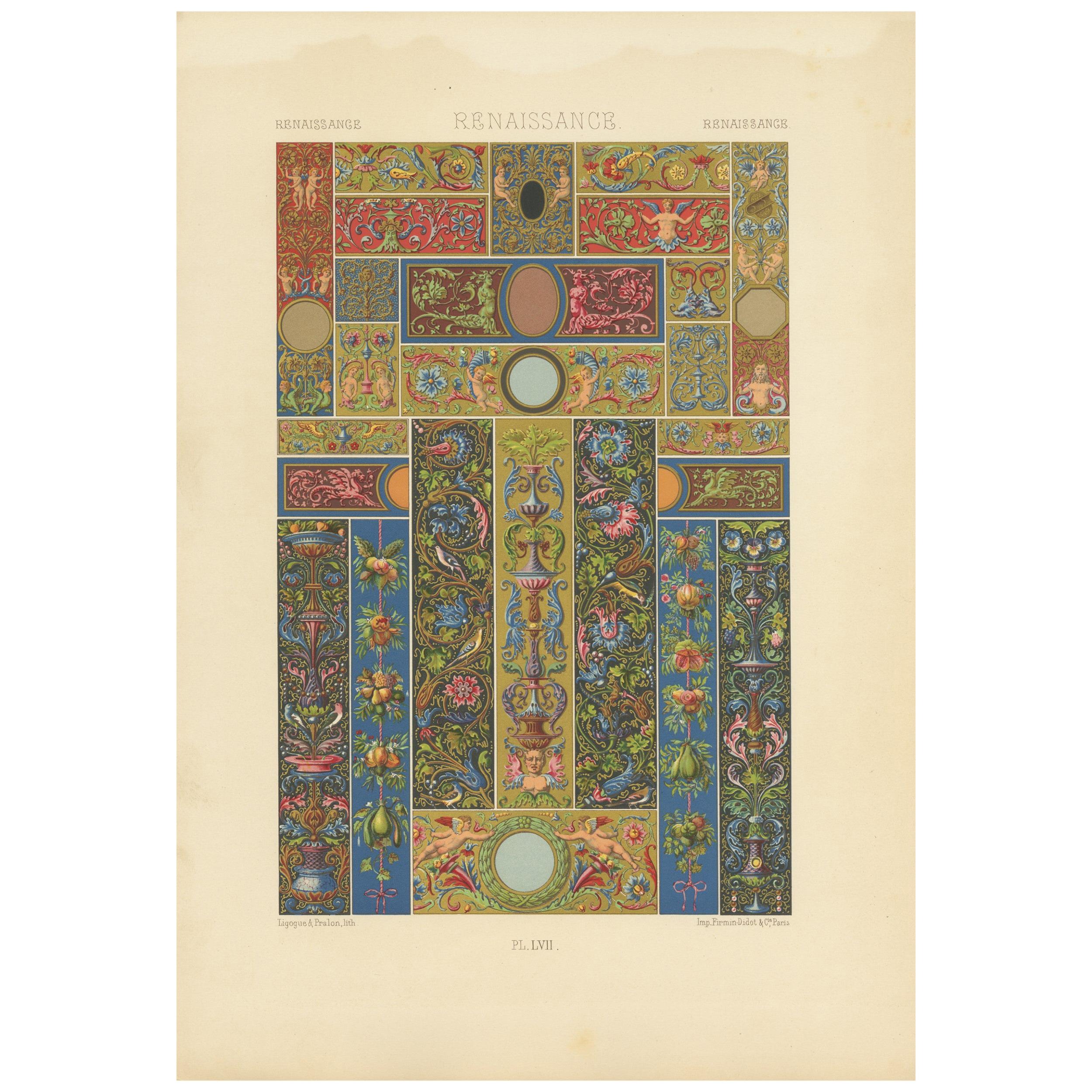 Pl. 57 Antique Print of Renaissance Ornaments by Racinet, circa 1890 For Sale