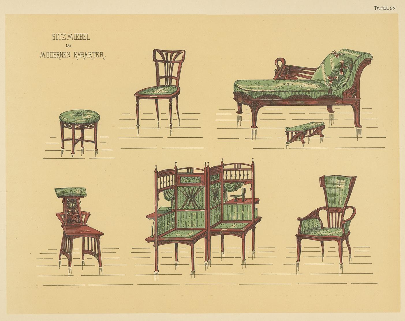 Impression ancienne de sièges par Kramer, pl. 57, circa 1910 Bon état - En vente à Langweer, NL