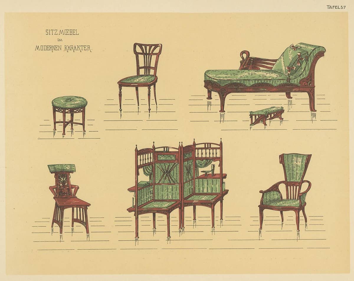 Pl. 57 Antique Print of Seating Furniture by Kramer, circa 1910