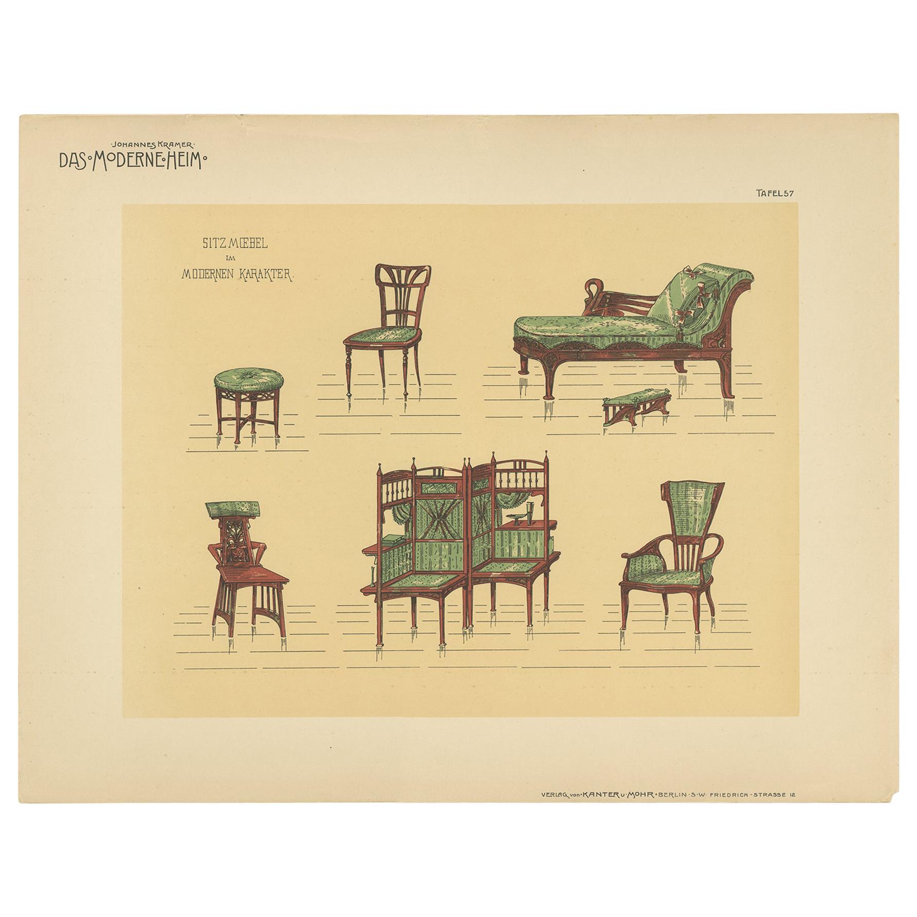 Pl. 57 Antique Print of Seating Furniture by Kramer, circa 1910