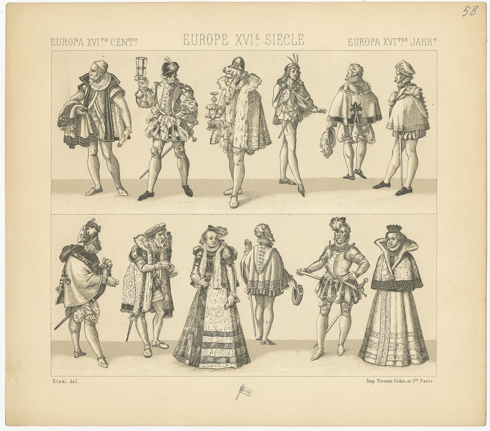 Antique print titled 'Europa XVIth Cent - Europe XVIe, Siecle - Europa XVItes Jahr'. Chromolithograph of European 16th century costumes. This print originates from 'Le Costume Historique' by M.A. Racinet. Published circa 1880.