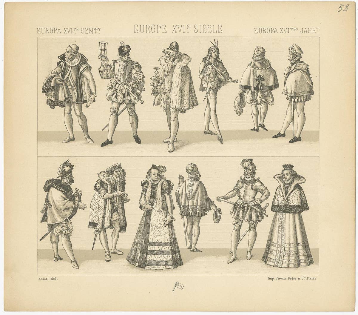 Pl. 58 Antique Print of European 16th Century Costumes by Racinet