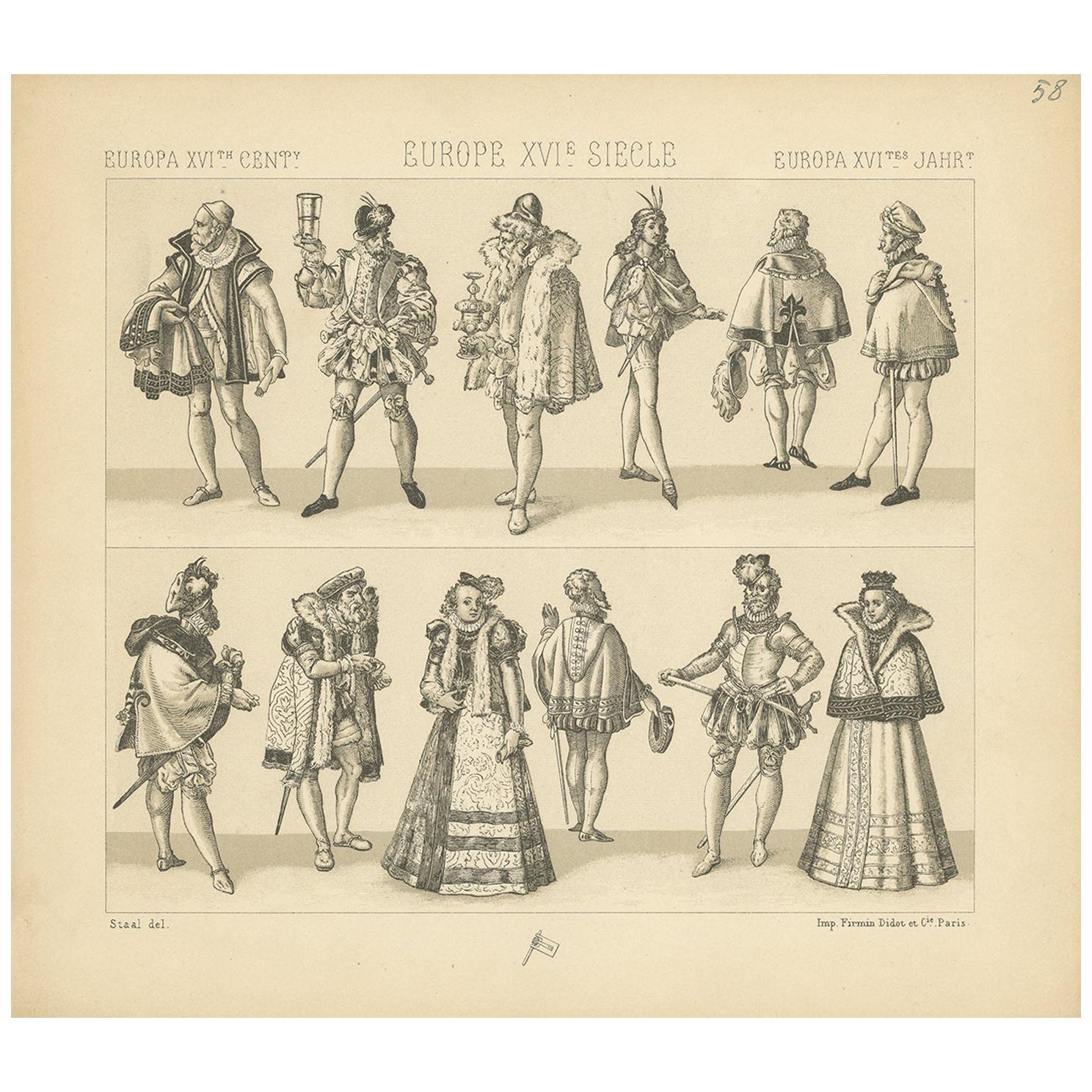 Pl. 58 Antique Print of European 16th Century Costumes by Racinet For Sale