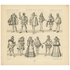 Pl. 58 Antique Print of European 16th Century Costumes by Racinet