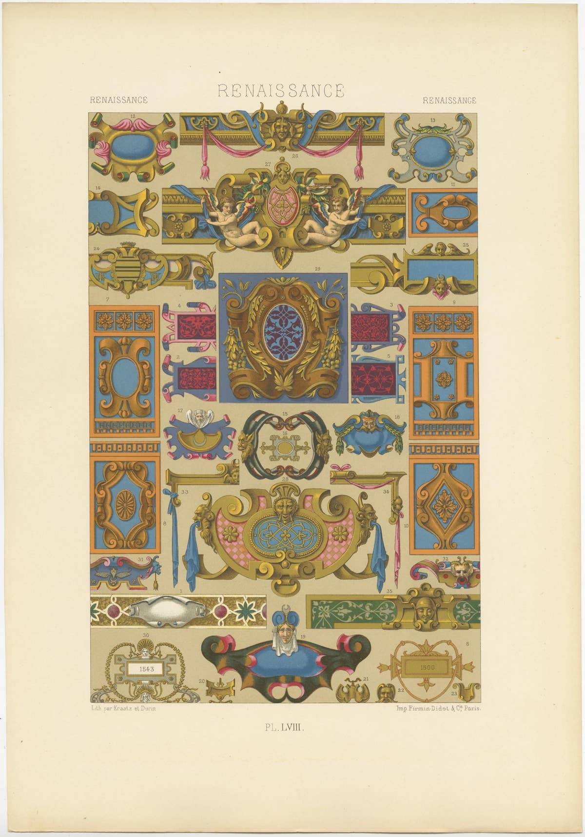 Pl. 58 Antique Print of Renaissance Ornaments by Racinet (c.1890)