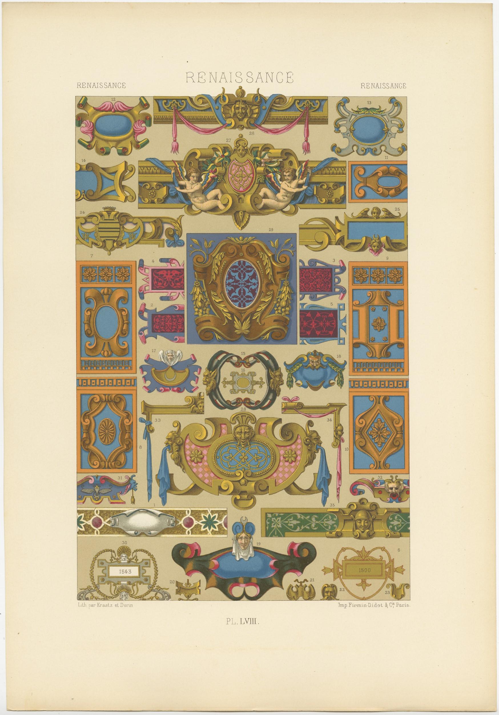 19th Century Pl. 58 Antique Print of Renaissance Ornaments by Racinet (c.1890) For Sale