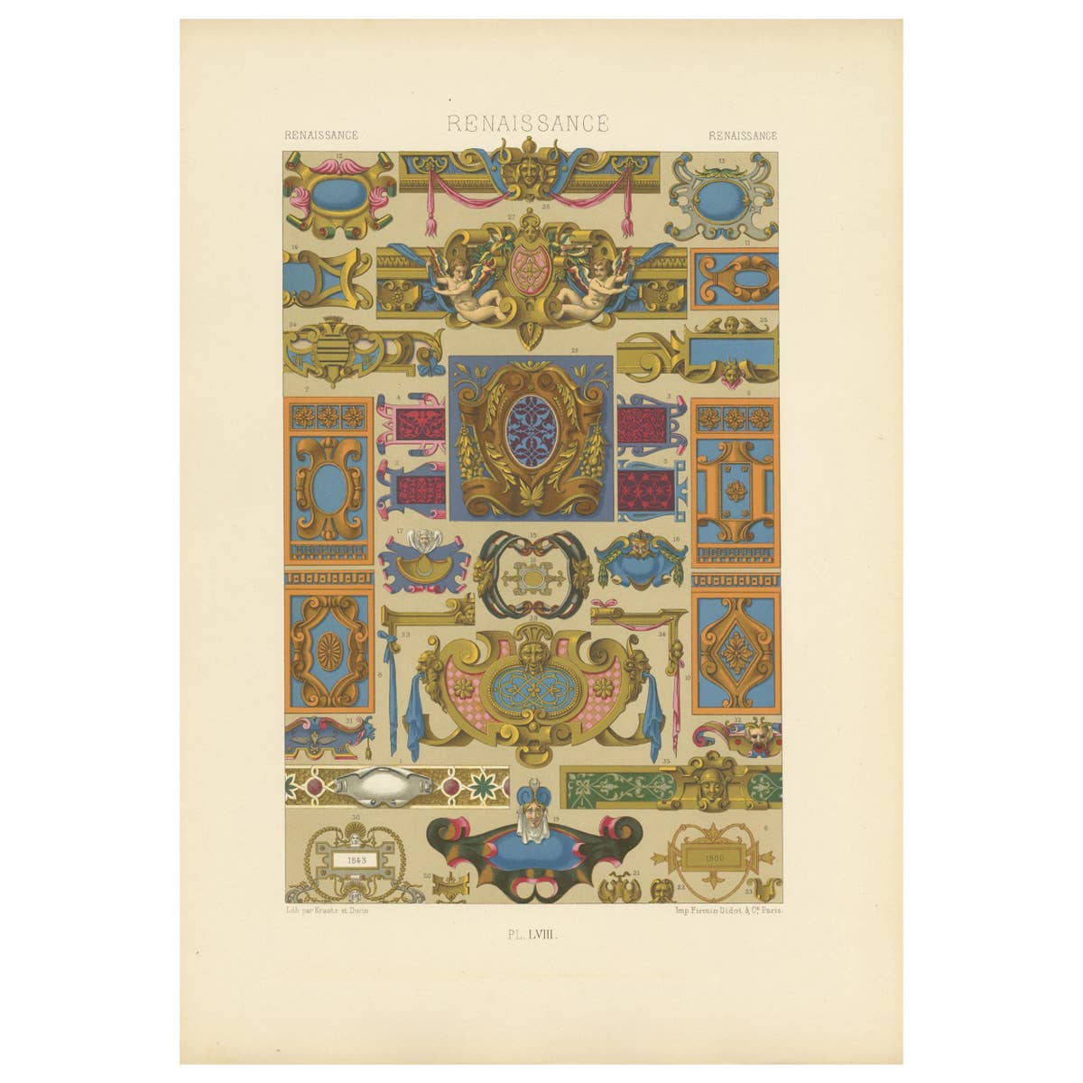 Pl. 58 Antique Print of Renaissance Ornaments by Racinet (c.1890)